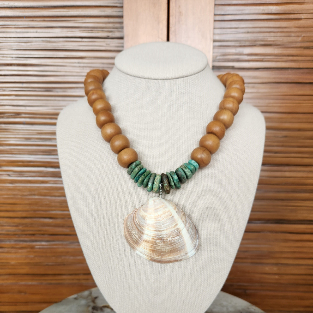 Sterling Silver Vero Beach Quahog Shell, Turquoise & Wood Necklace, 17.5-19..5"