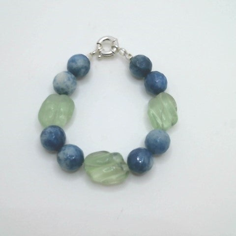 Sterling Silver Carved Fluorite & Faceted Sodalite Bead Bracelet, 7.5"