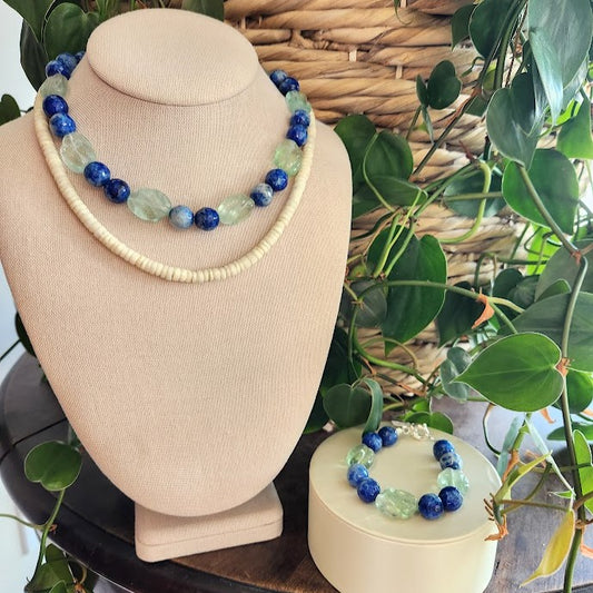 Sterling Silver Carved Fluorite & Faceted Sodalite Bead Bracelet, 7.5"