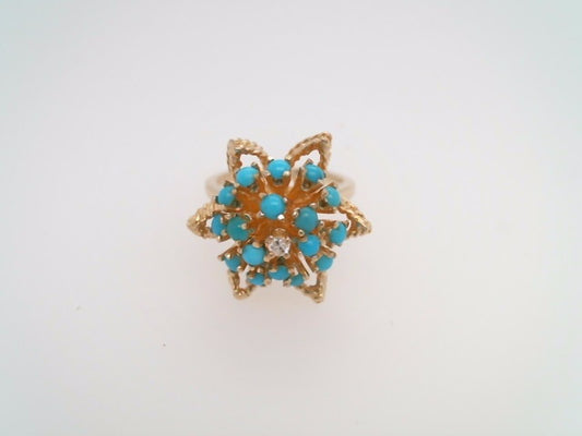 **Online Clearance** Vintage 14 Karat Yellow Gold Star Shaped Turquoise & Diamond Ring
