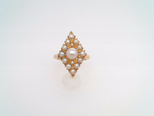 Vintage 18 Karat Yellow Gold Elongated Diamond Shape Pearl Cluster Ring