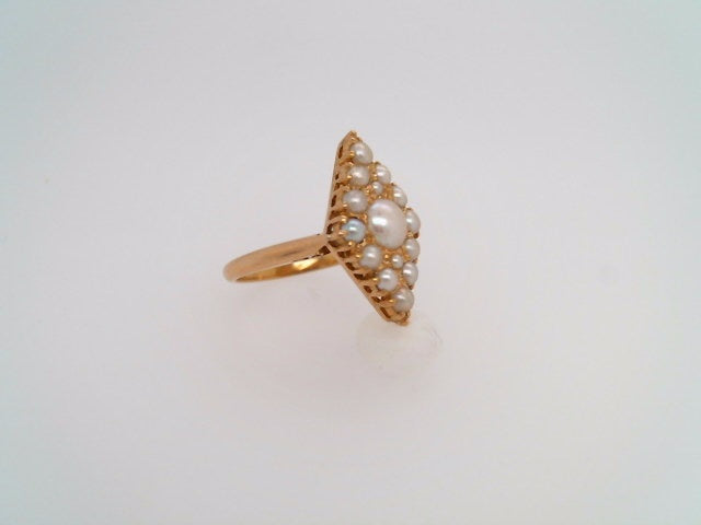 Vintage 18 Karat Yellow Gold Elongated Diamond Shape Pearl Cluster Ring