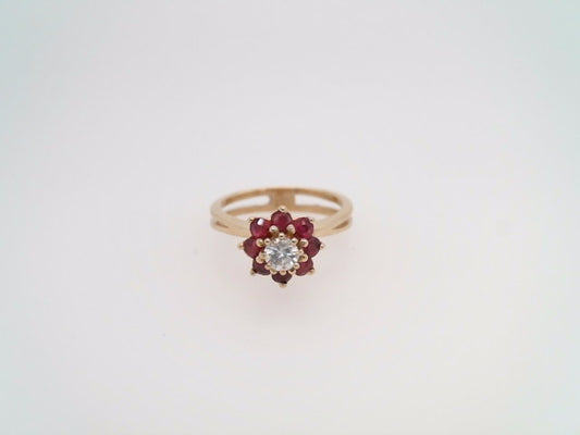 Vintage 14 Karat Yellow Gold Diamond & Ruby Cluster Ring