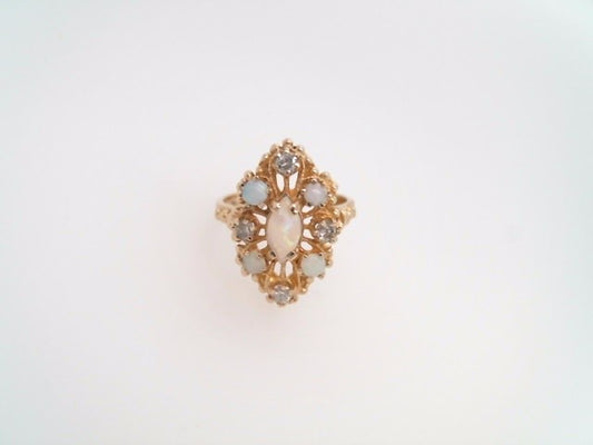 Vintage 14 Karat Yellow Gold Opal & Diamond Marquise Shaped Cluster Ring