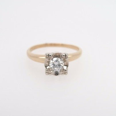 Online Clearance * Vintage 14 Karat Yellow & White Gold Diamond Solitaire Ring With Fishtail Style Illusion Setting