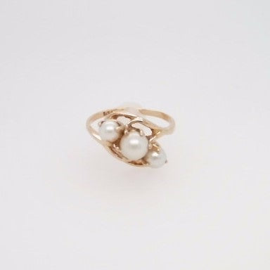 Vintage 14 Karat Yellow Gold Triple White Akoya Pearl Ring