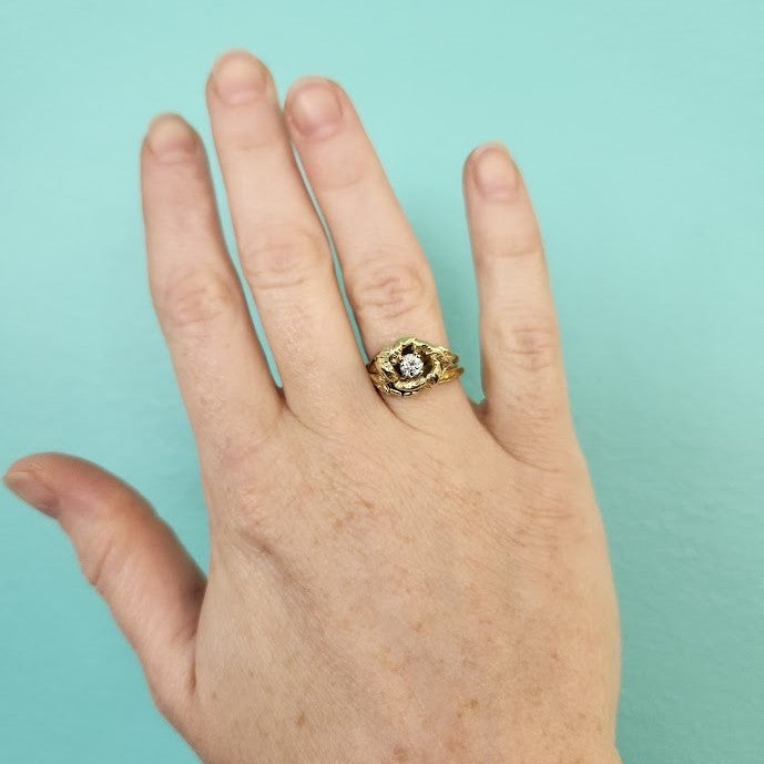 Vintage 14 Karat Yellow Gold & Platinum Rose Floral Diamond Engagement Ring