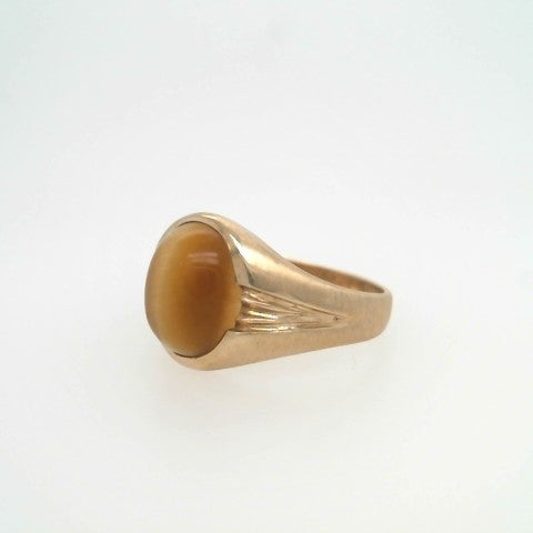 * Online Clearance * Vintage 14 Karat Yellow Gold Oval Cabochon Tiger's Eye Ring With Brushed Finish