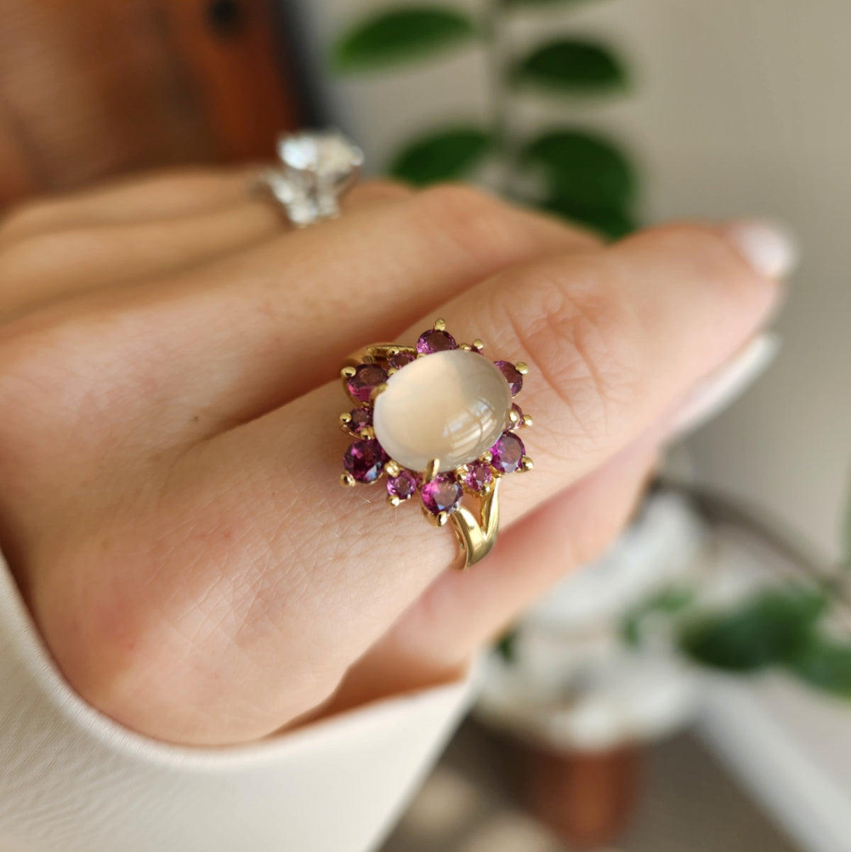 Vintage 14 Karat Yellow Gold Moonstone & Pink Tourmaline Halo Style Ring