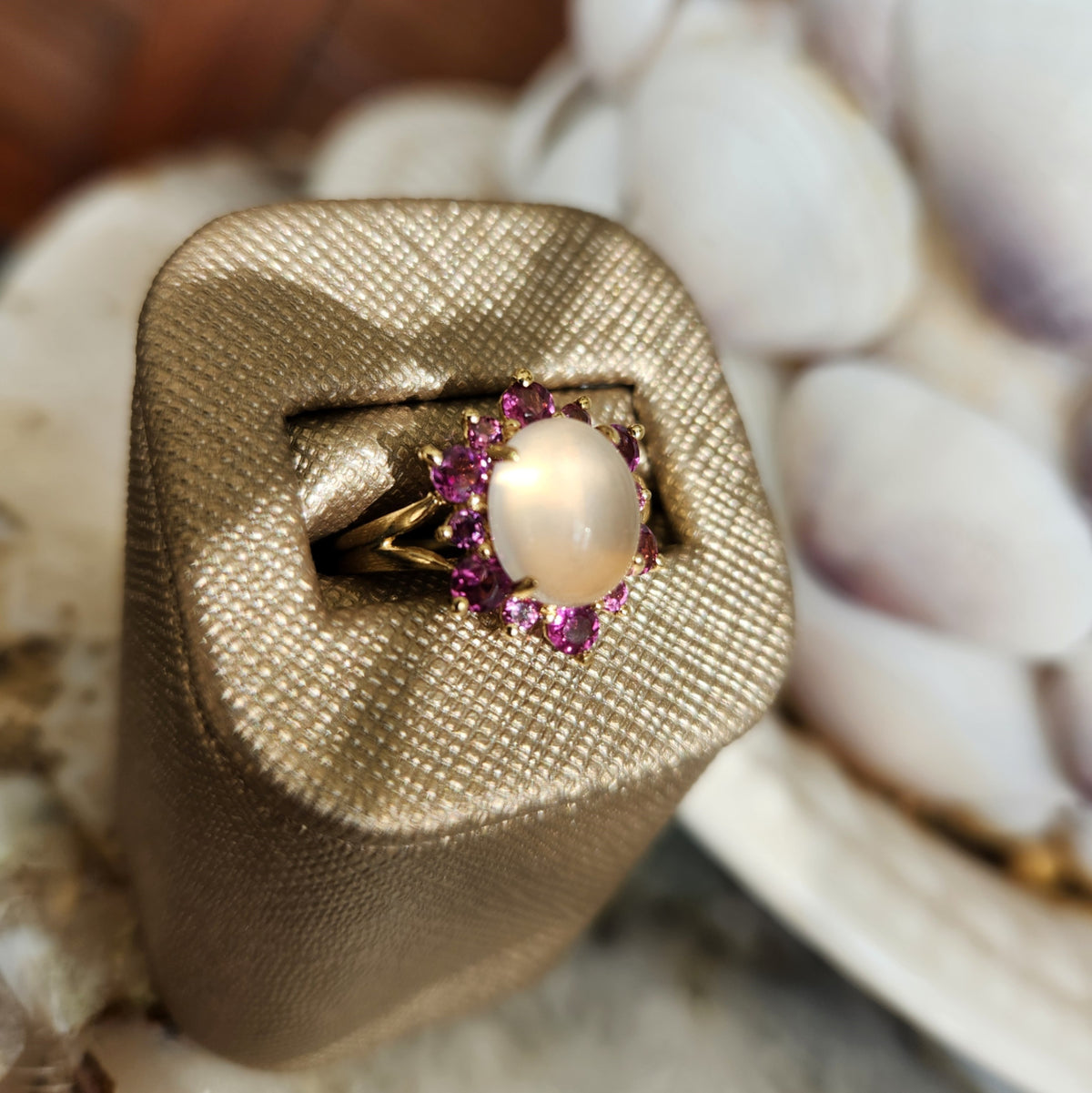 Vintage 14 Karat Yellow Gold Moonstone & Pink Tourmaline Halo Style Ring