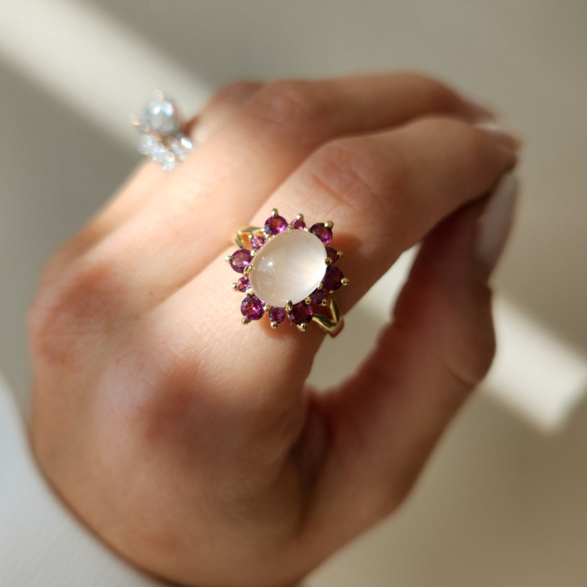 Vintage 14 Karat Yellow Gold Moonstone & Pink Tourmaline Halo Style Ring