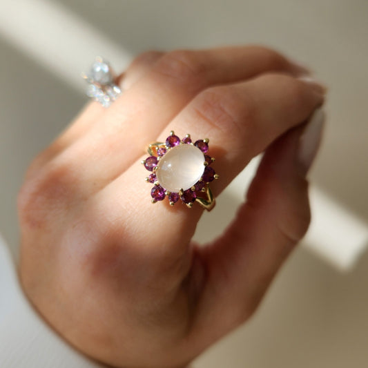 Vintage 14 Karat Yellow Gold Moonstone & Pink Tourmaline Halo Style Ring