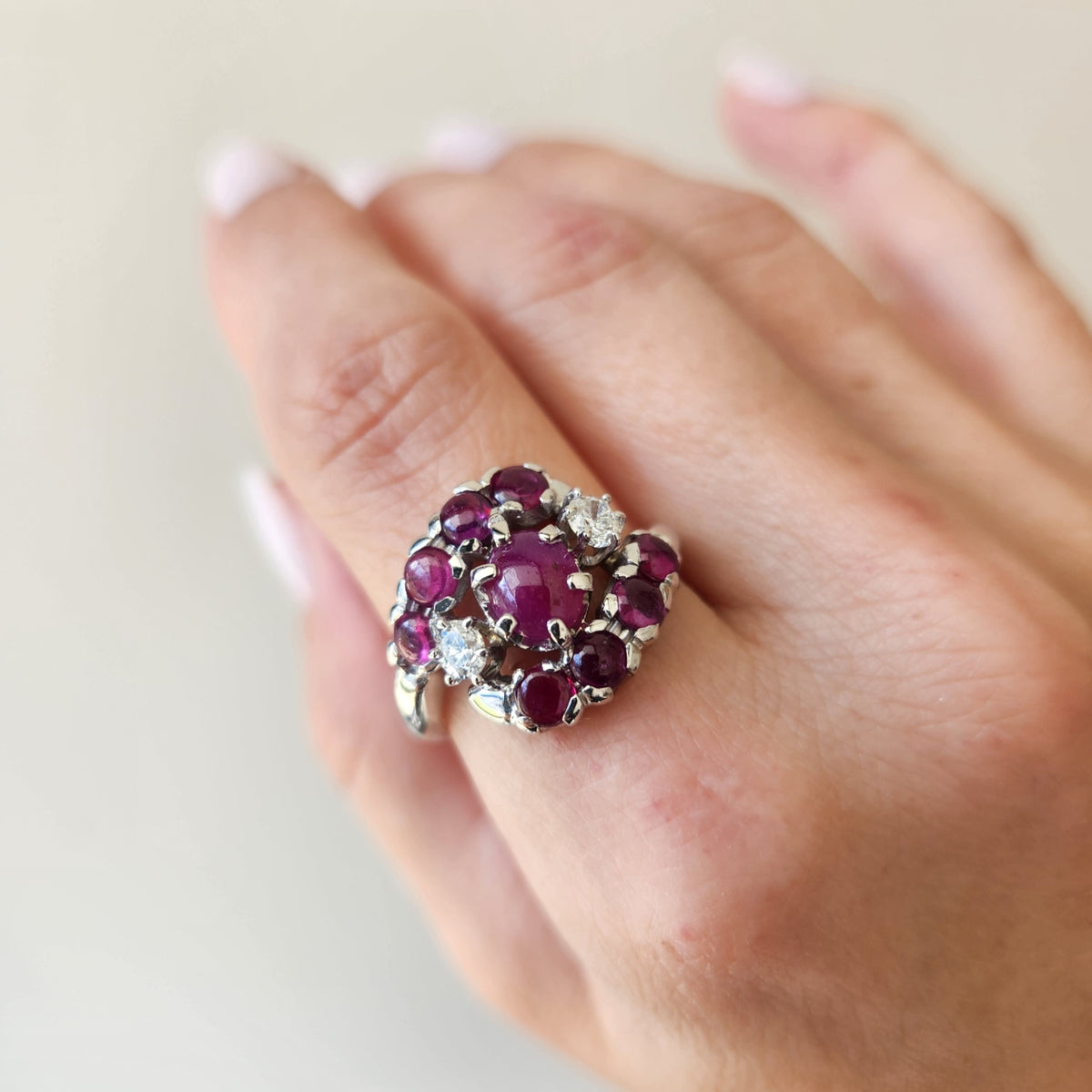 Online Clearance * Vintage 14 Karat White Gold Cabochon Ruby & Diamond Cluster Bypass Style Ring