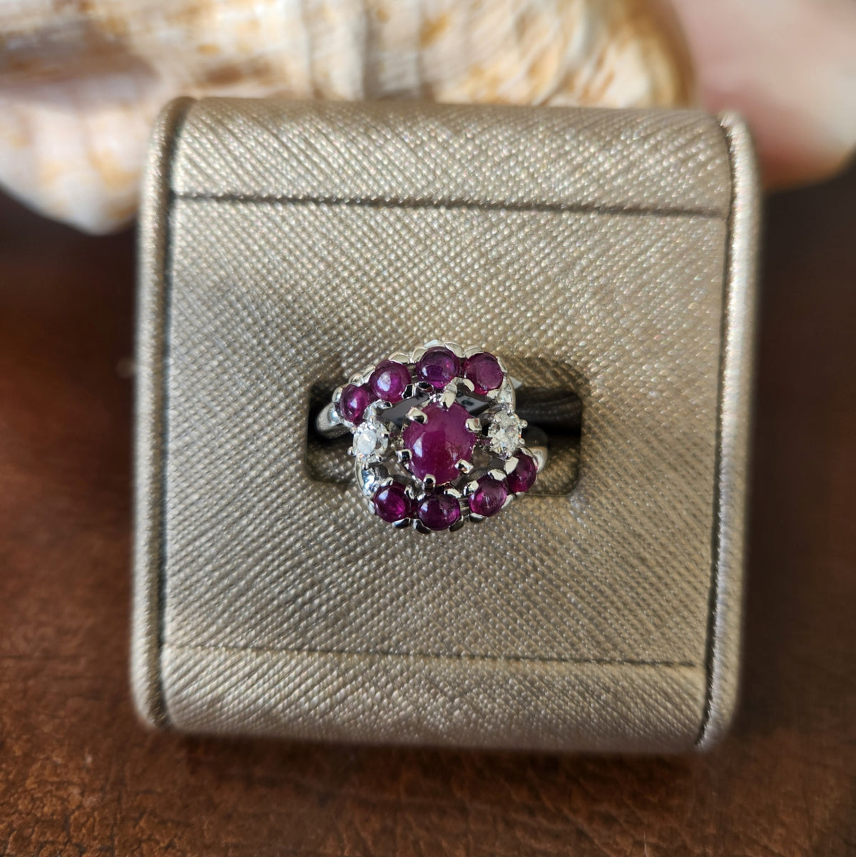 Online Clearance * Vintage 14 Karat White Gold Cabochon Ruby & Diamond Cluster Bypass Style Ring