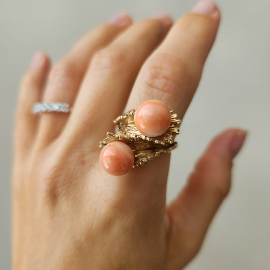Vintage 14 Karat Yellow Gold Double Coral Bead Bypass Style Ring With Bark Finish