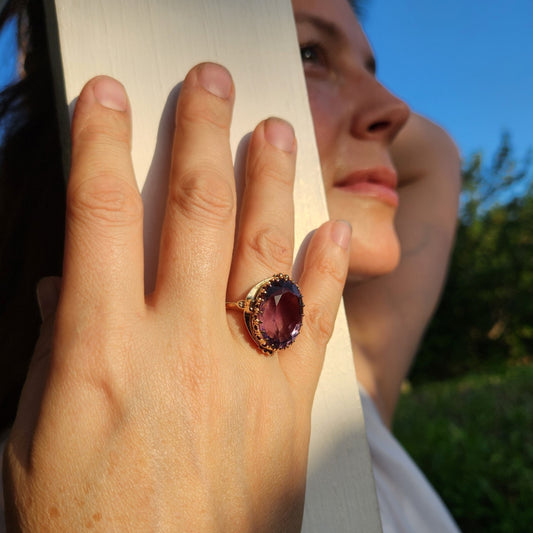 Vintage 14 Karat Yellow Gold Amethyst Solitaire Ring With Crown Style Setting