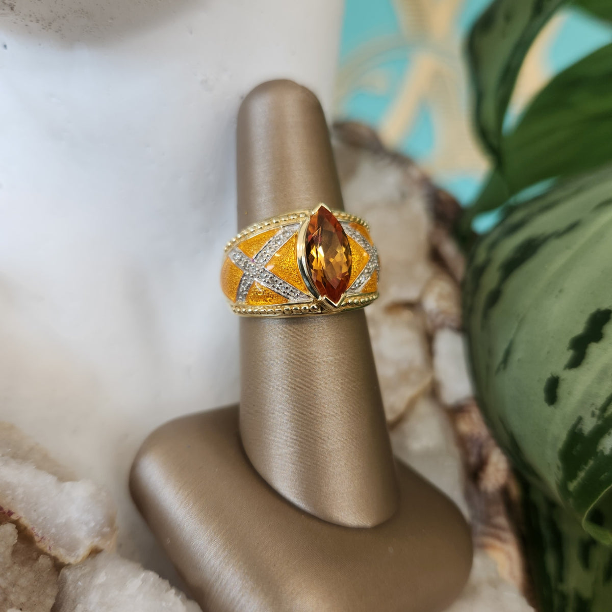 Online Clearance * Vintage 14 Karat Yellow Gold Citrine & Yellow Enamel Ring With Diamond Accents