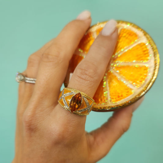 Online Clearance * Vintage 14 Karat Yellow Gold Citrine & Yellow Enamel Ring With Diamond Accents