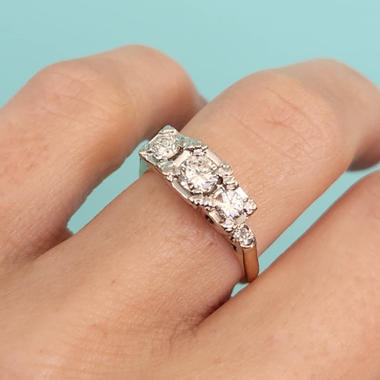 Vintage 14 Karat Yellow & White Gold Illusion Top 5 Stone Diamond Ring
