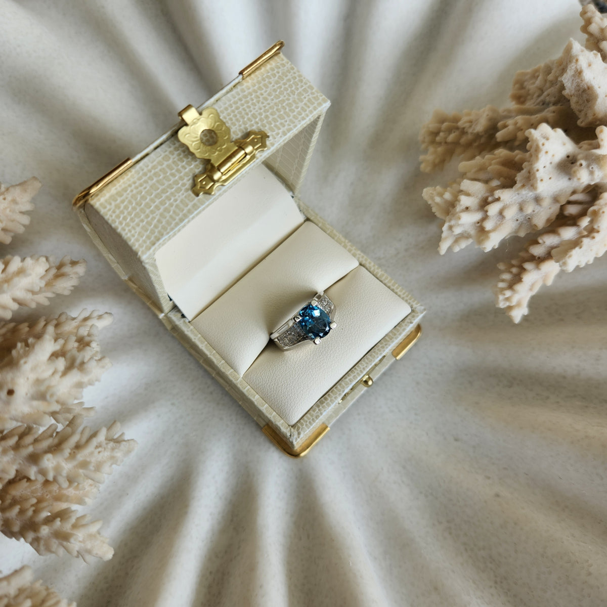 Vintage 14 Karat White Gold Blue Topaz & Diamond Ring