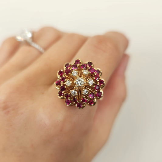 Vintage Ruby & Diamond Cluster Temple Style Ring