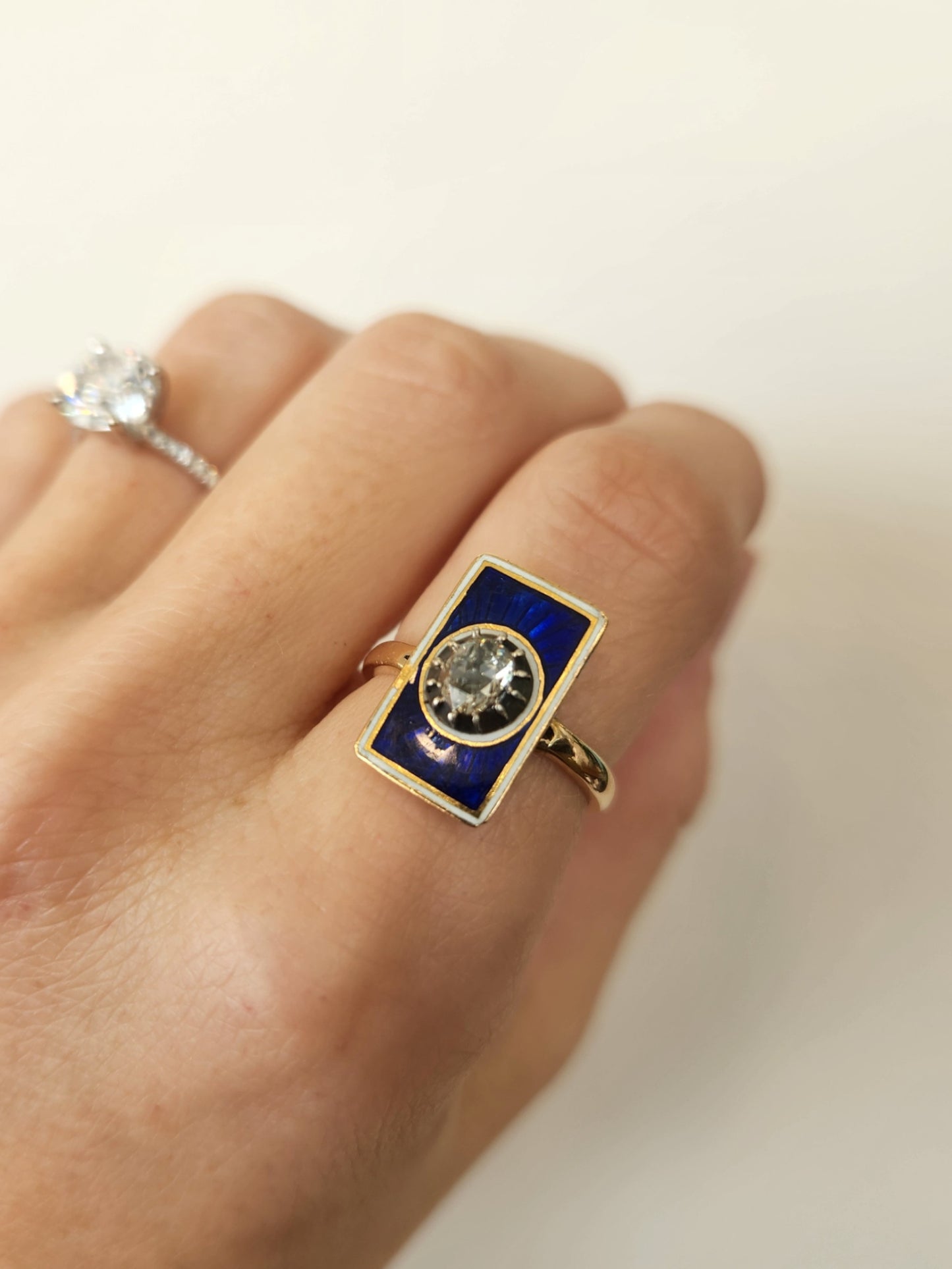 Antique Victorian 10 Karat Yellow Gold Blue Enamel & Diamond Ring