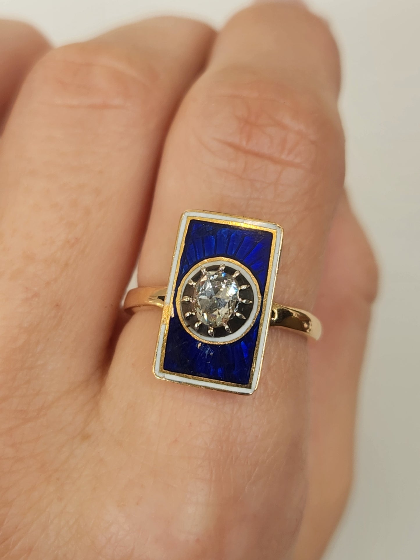Antique Victorian 10 Karat Yellow Gold Blue Enamel & Diamond Ring