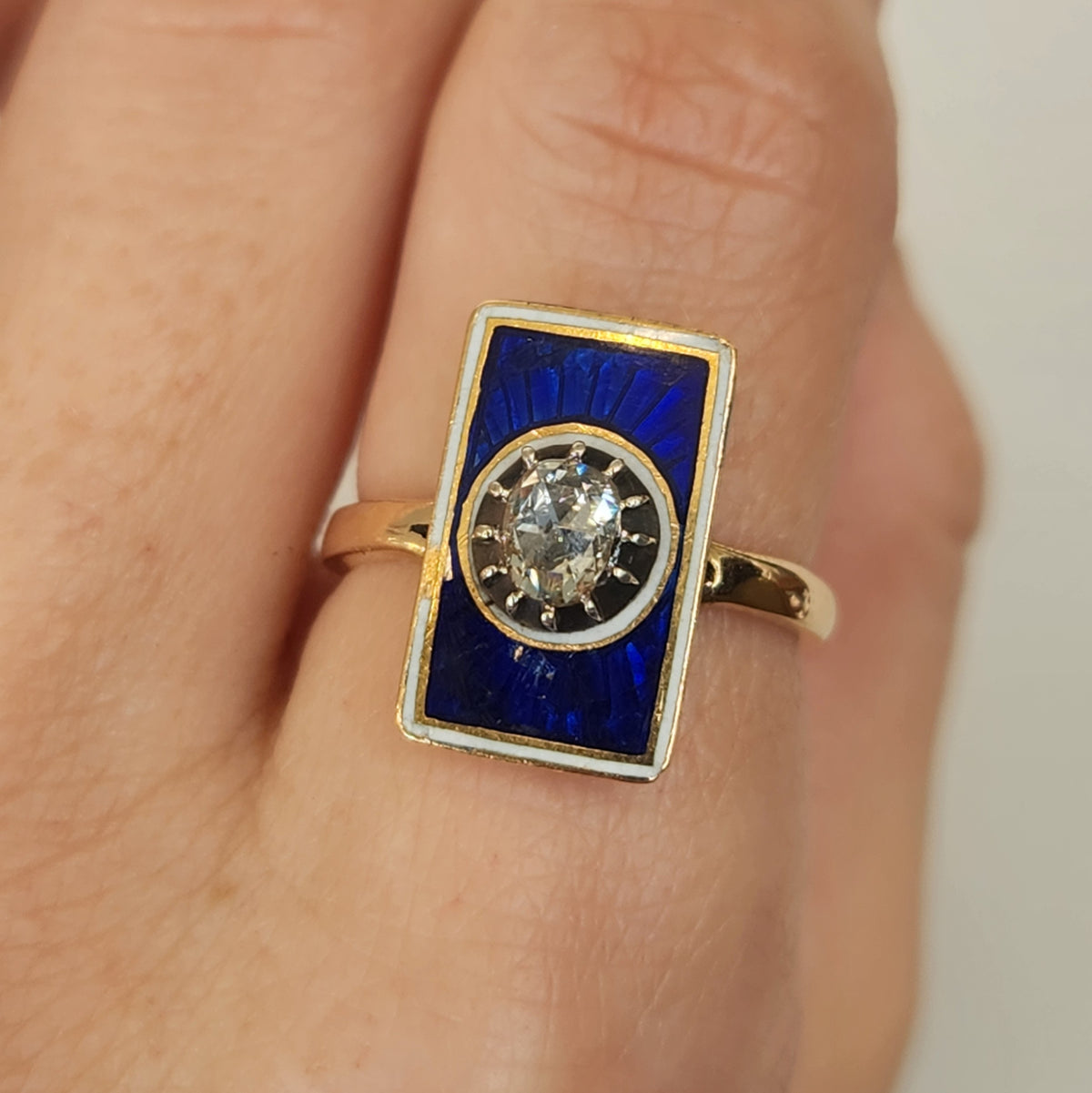 Antique Victorian 10 Karat Yellow Gold Blue Enamel & Diamond Ring