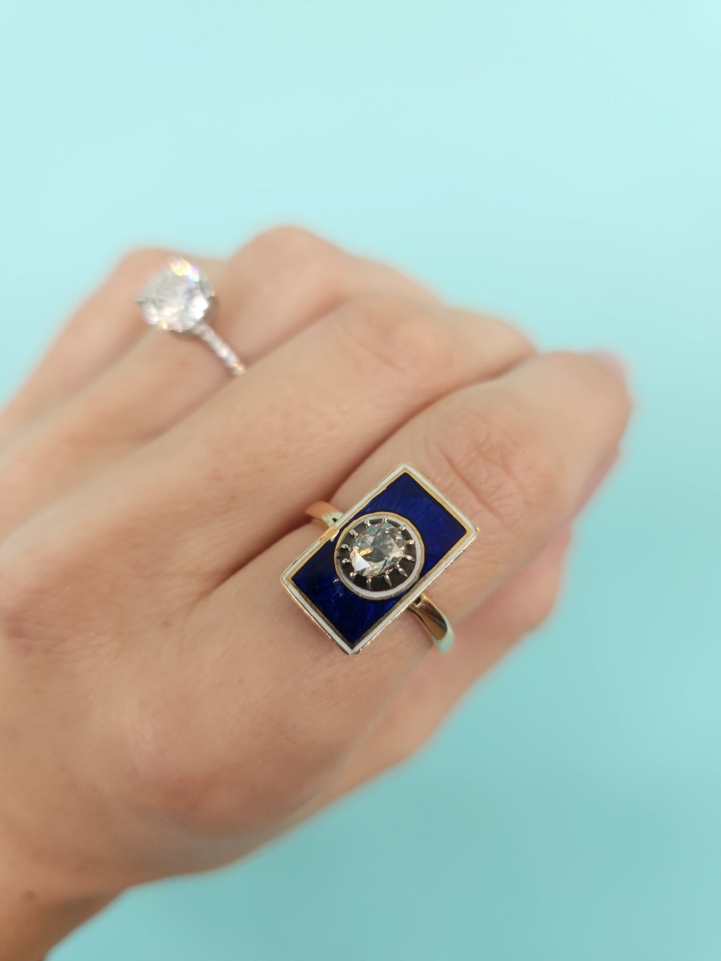 Antique Victorian 10 Karat Yellow Gold Blue Enamel & Diamond Ring