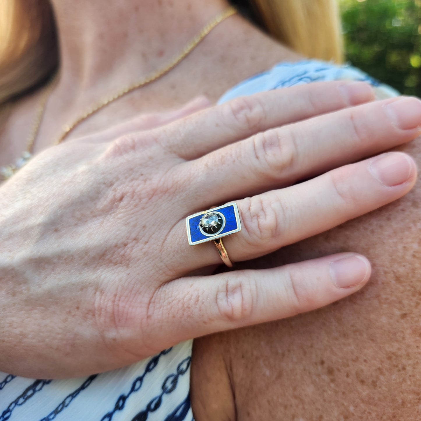 Antique Victorian 10 Karat Yellow Gold Blue Enamel & Diamond Ring
