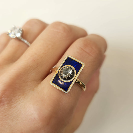 Antique Victorian 10 Karat Yellow Gold Blue Enamel & Diamond Ring