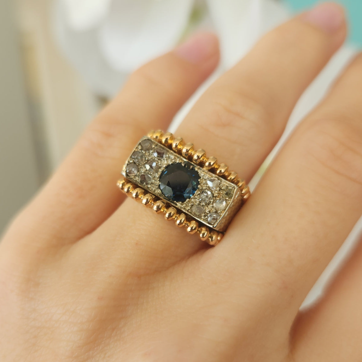 Vintage 14 Karat Yellow & White Gold Blue Sapphire & Rose Cut Diamond Ring
