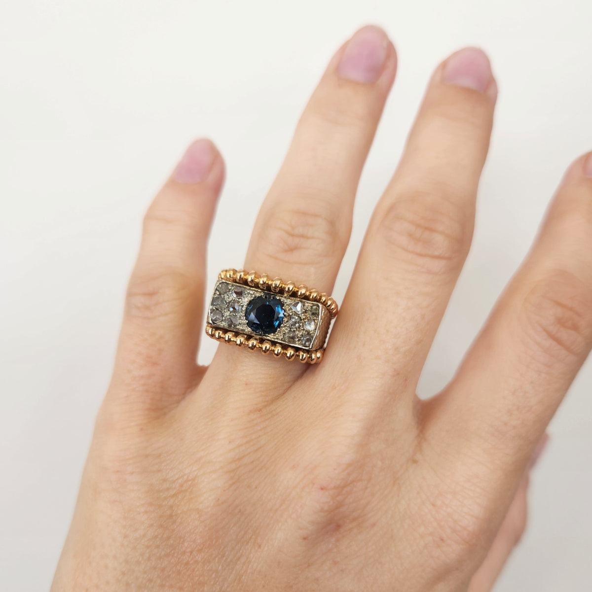 Vintage 14 Karat Yellow & White Gold Blue Sapphire & Rose Cut Diamond Ring