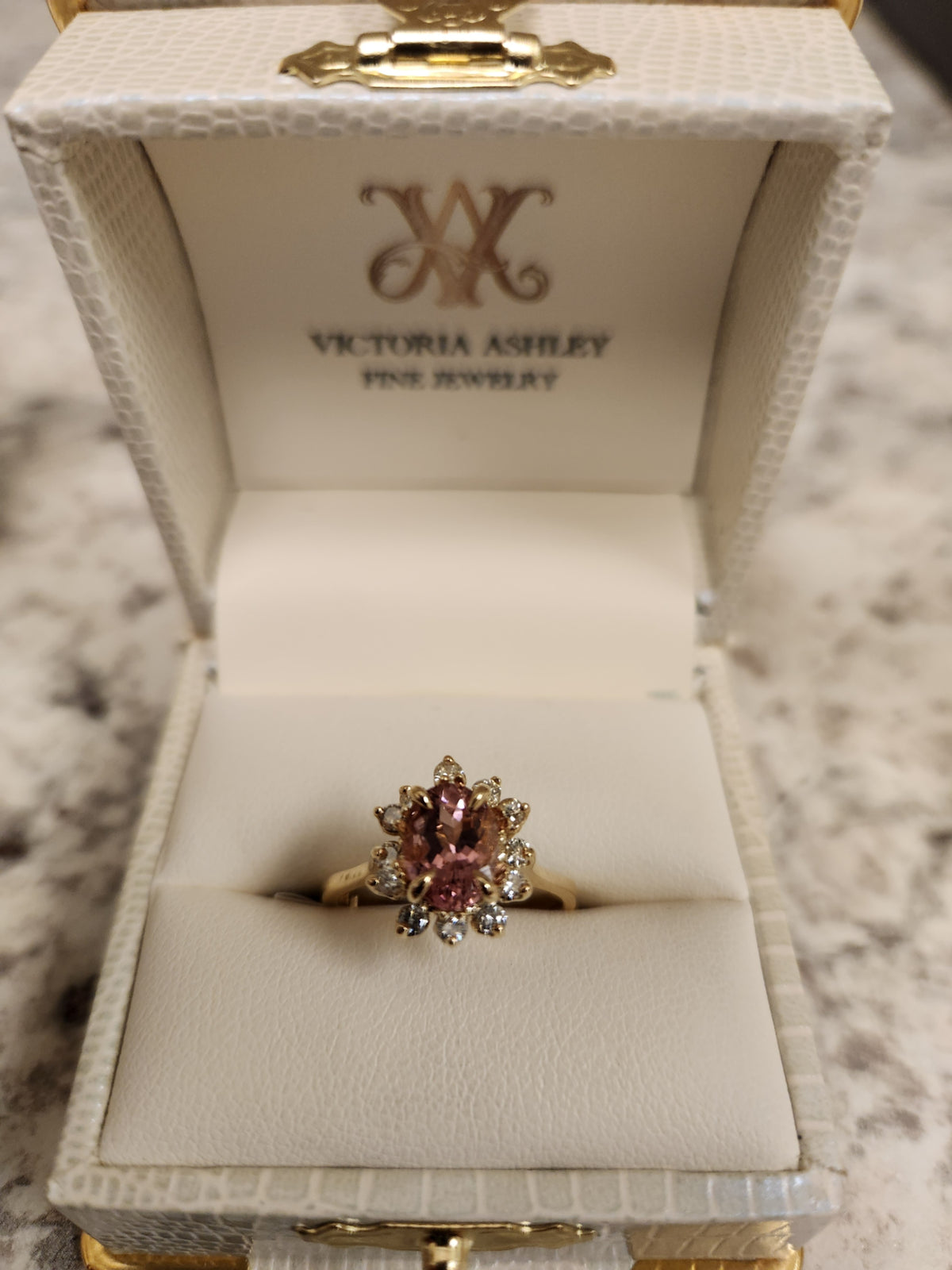 Vintage 14 Karat Yellow Gold Pink Tourmaline & Diamond Halo Ring