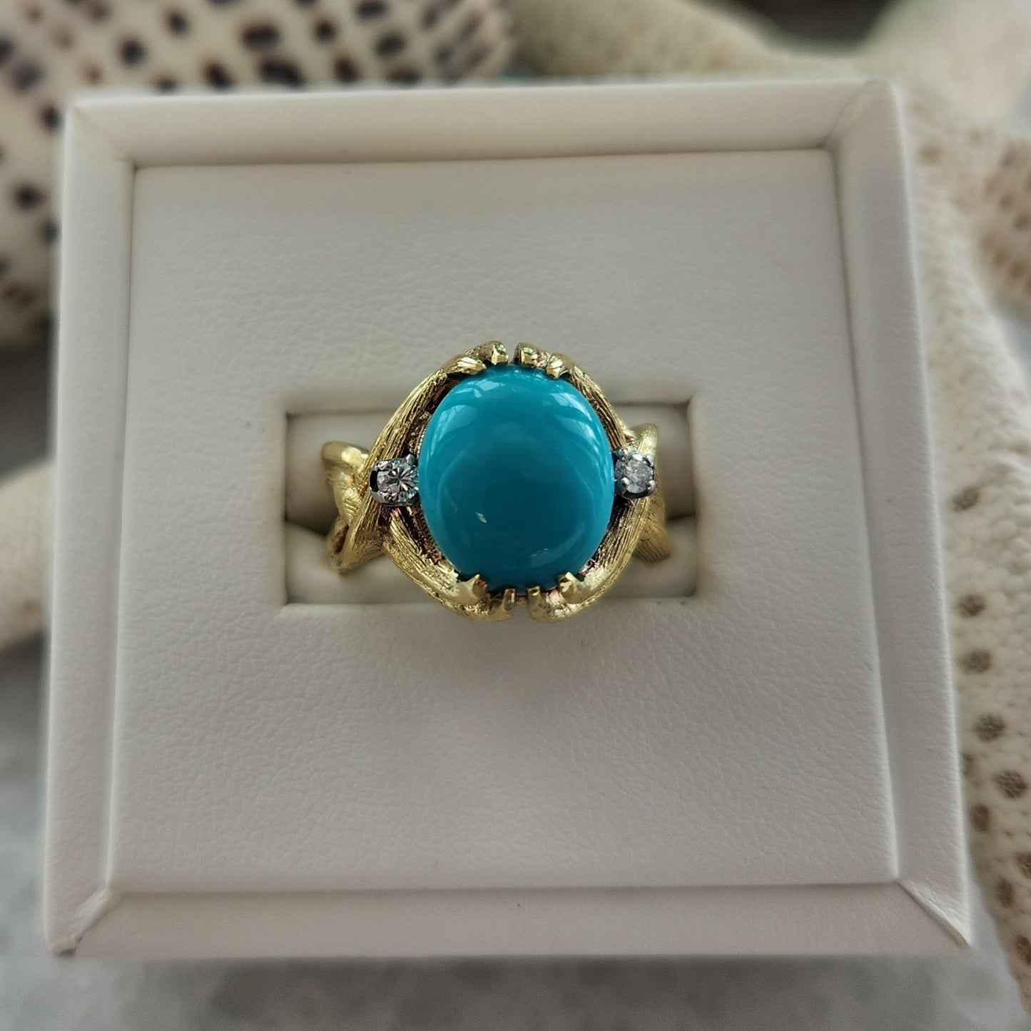 Vintage 18 Karat Yellow Gold Turquoise & Diamond Ring With Brushed Finish