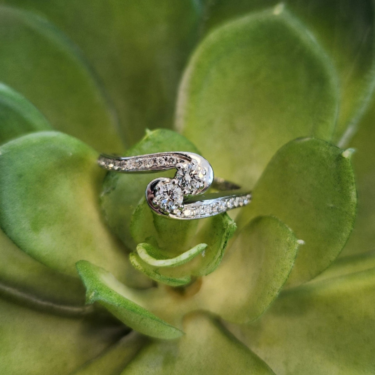 Vintage 14 Karat White Gold "Toi Et Moi" Style Diamond Bypass Ring