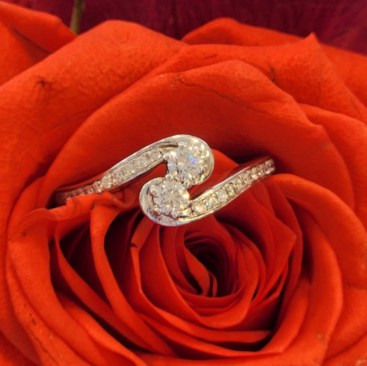Vintage 14 Karat White Gold "Toi Et Moi" Style Diamond Bypass Ring