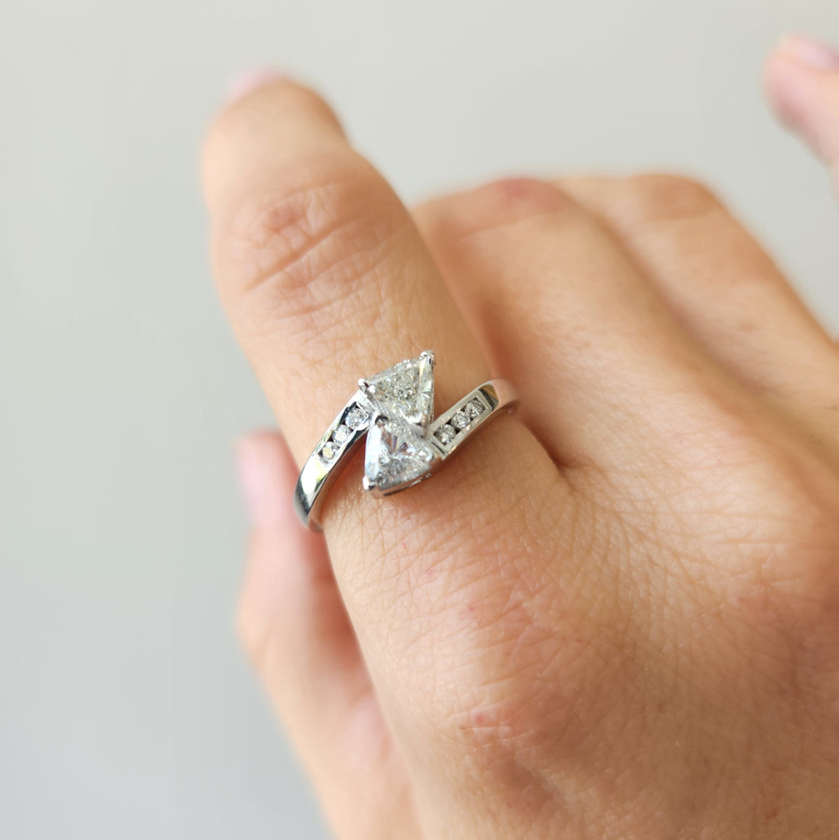 Vintage 14 Karat White Gold "Toi Et Moi" Style Trillion Diamond Bypass Ring