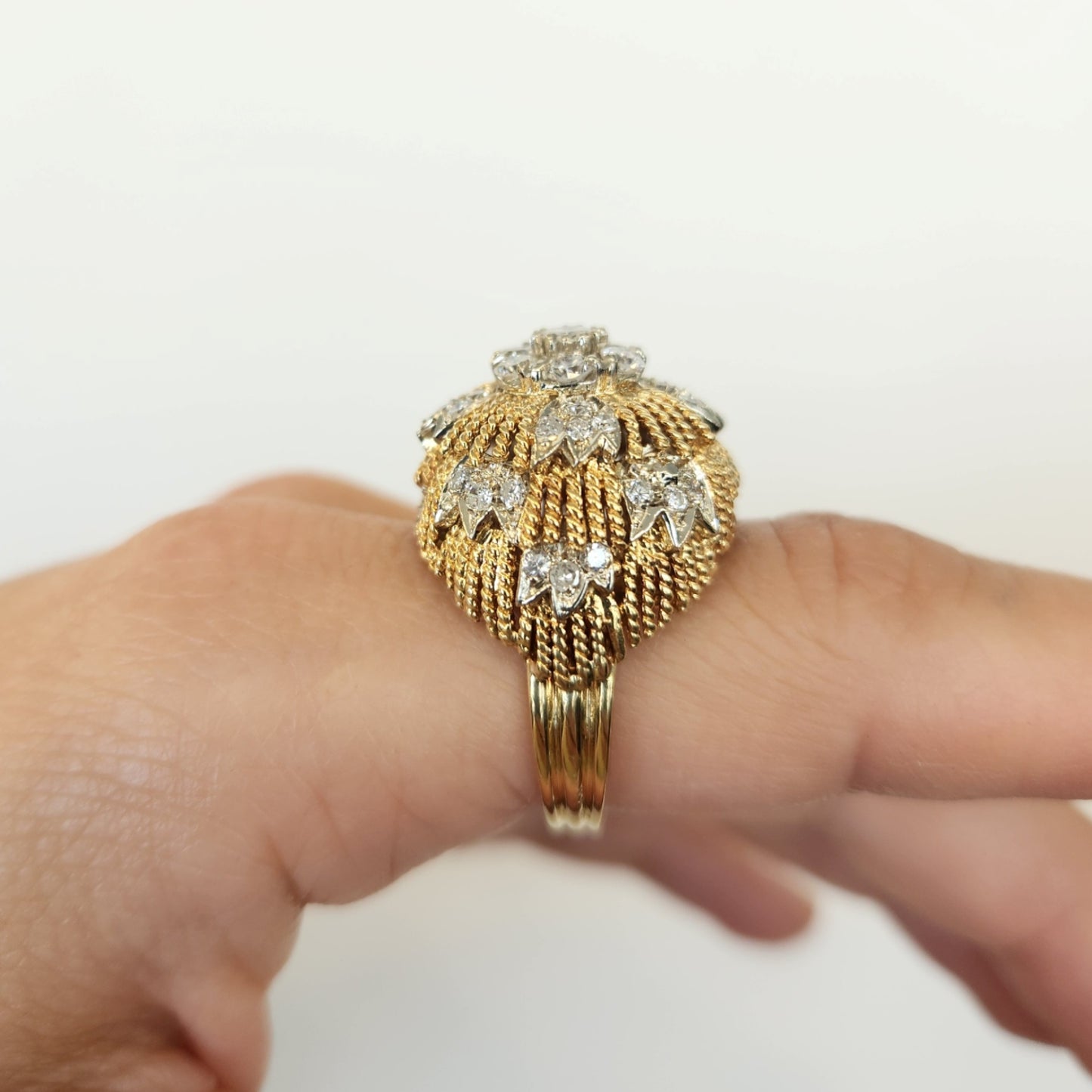 Vintage 18 Karat Yellow Gold Textured 20 Mm Dome Diamond Ring