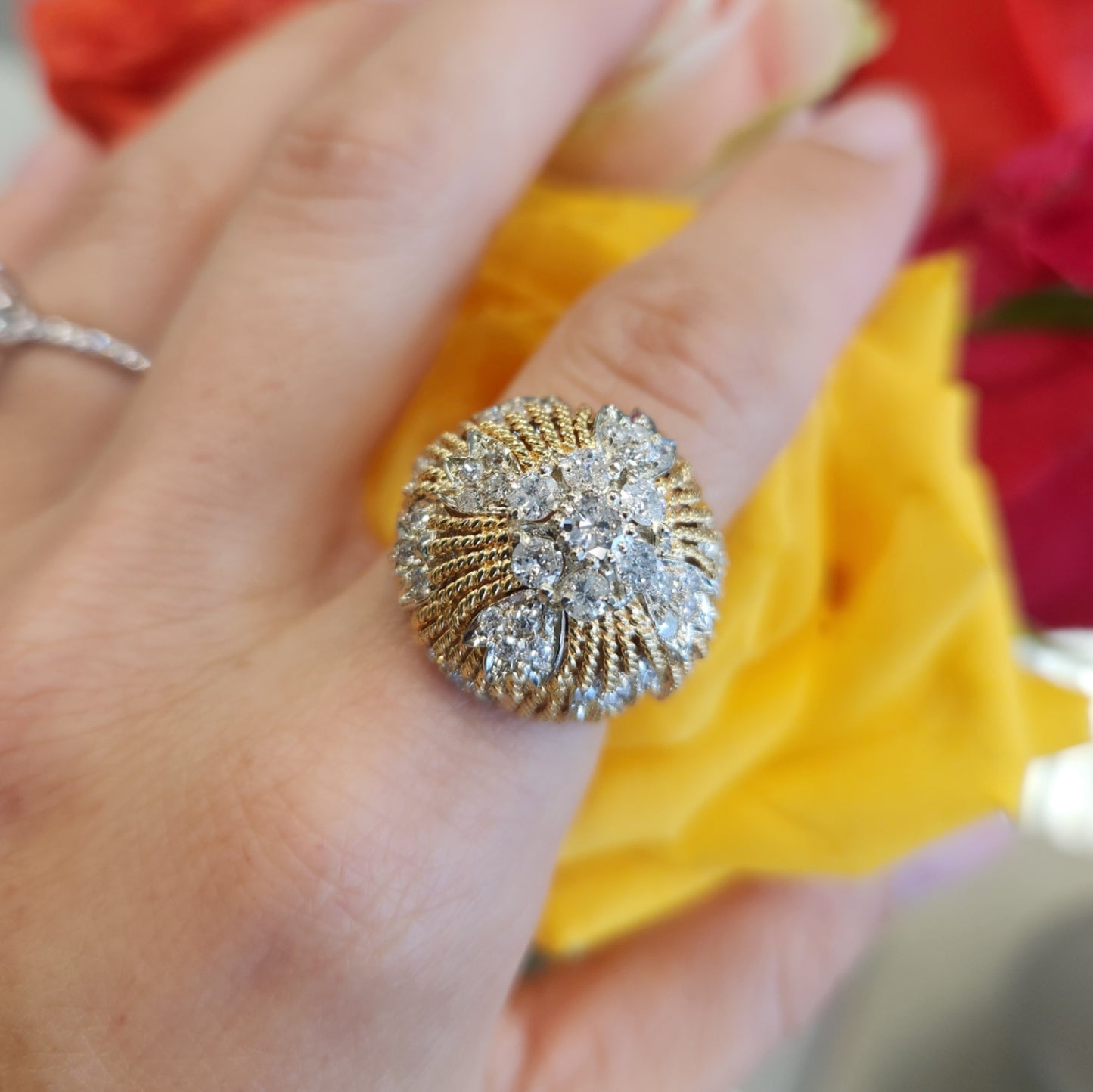 Vintage 18 Karat Yellow Gold Textured 20 Mm Dome Diamond Ring