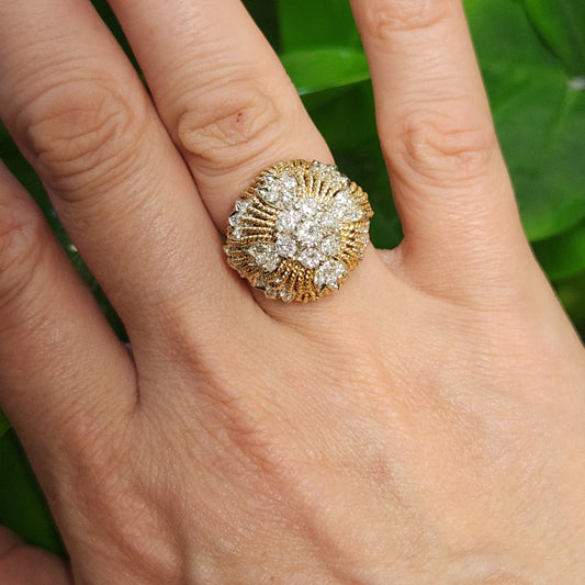 Vintage 18 Karat Yellow Gold Textured 20 Mm Dome Diamond Ring