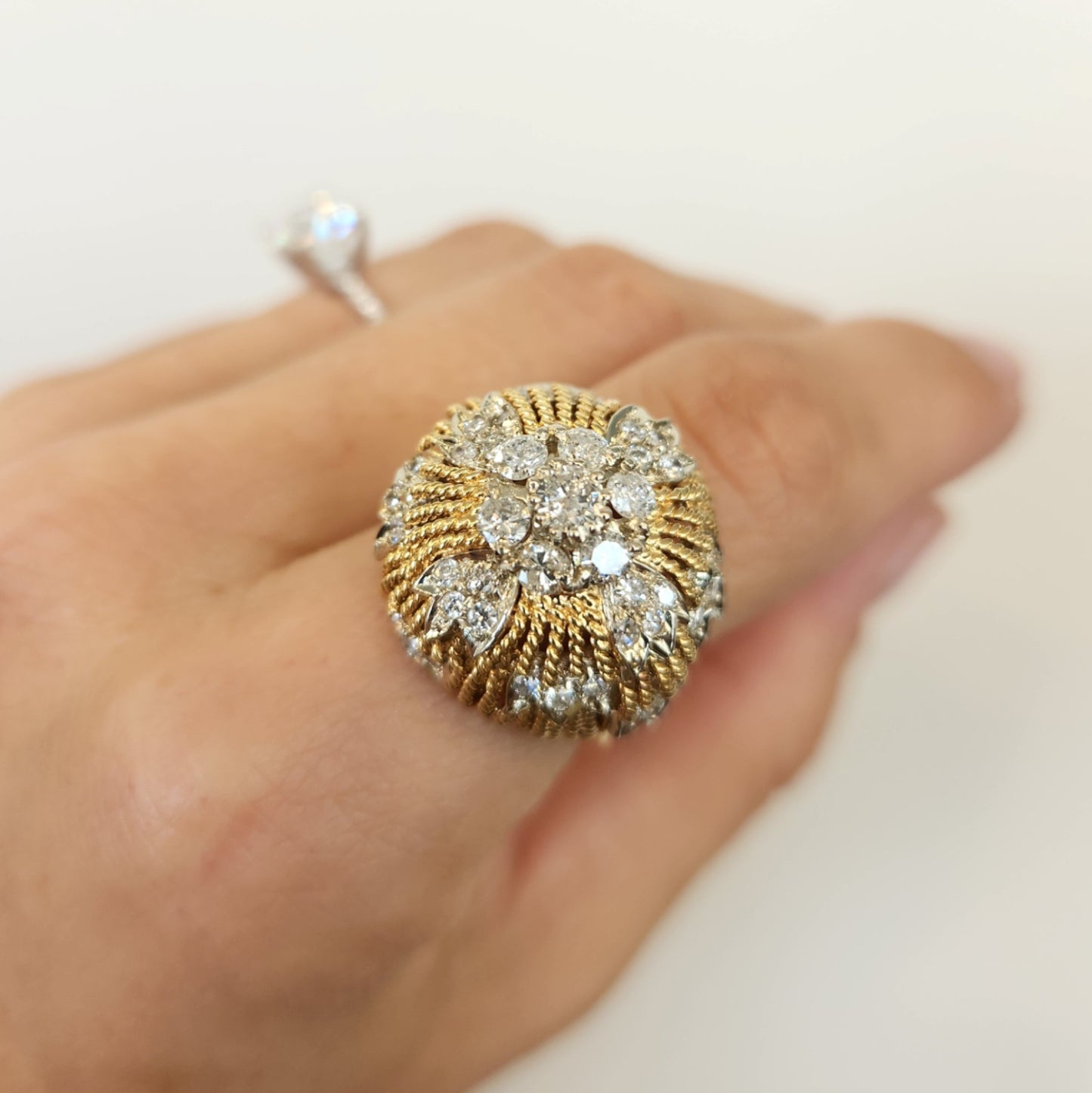 Vintage 18 Karat Yellow Gold Textured 20 Mm Dome Diamond Ring