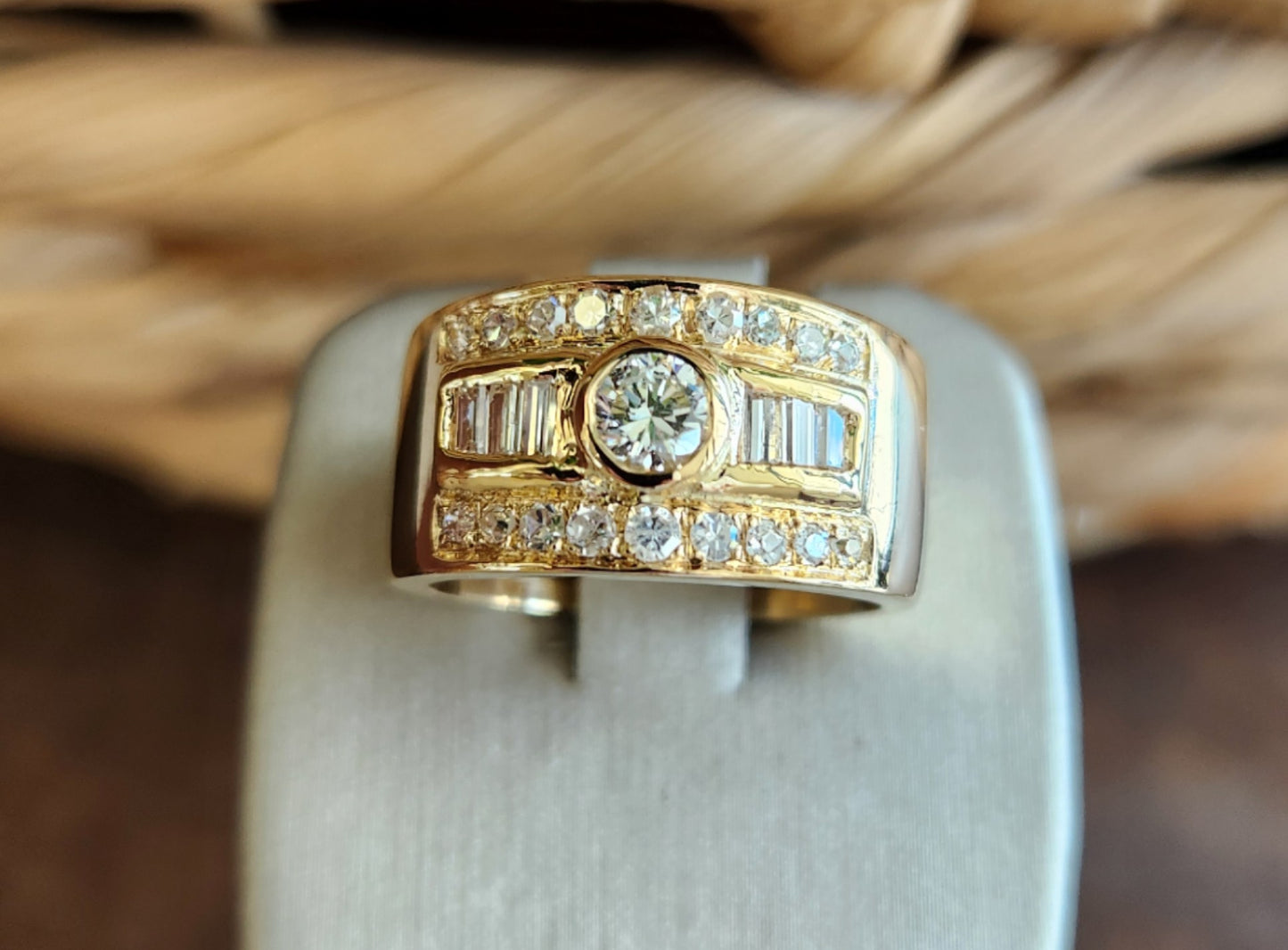 Vintage 18 Karat Yellow Gold 11 Mm Wide Baguette & Round Diamond Band Ring