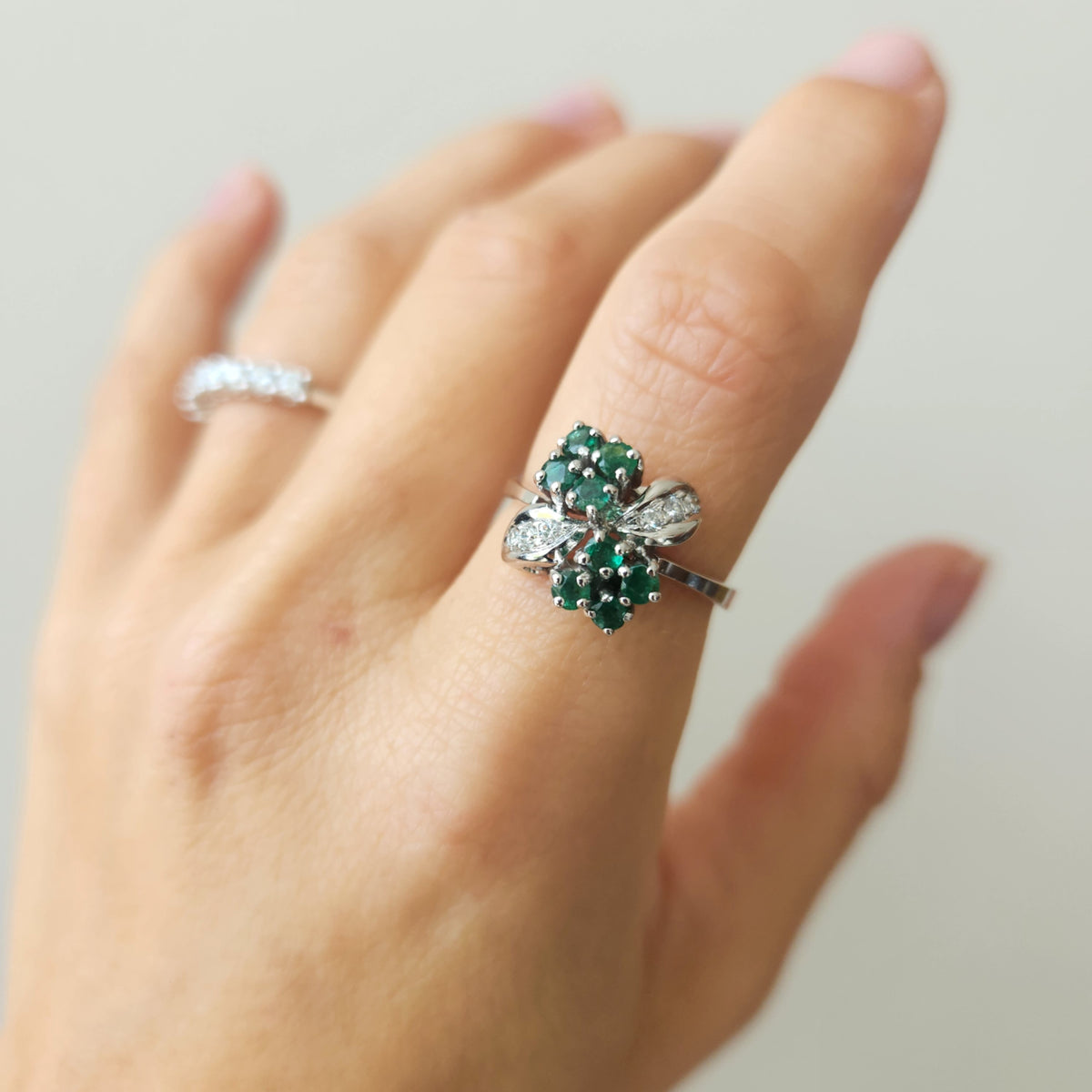 Vintage 14 Karat White Gold Emerald & Diamond Cluster Ring 
8 Round E