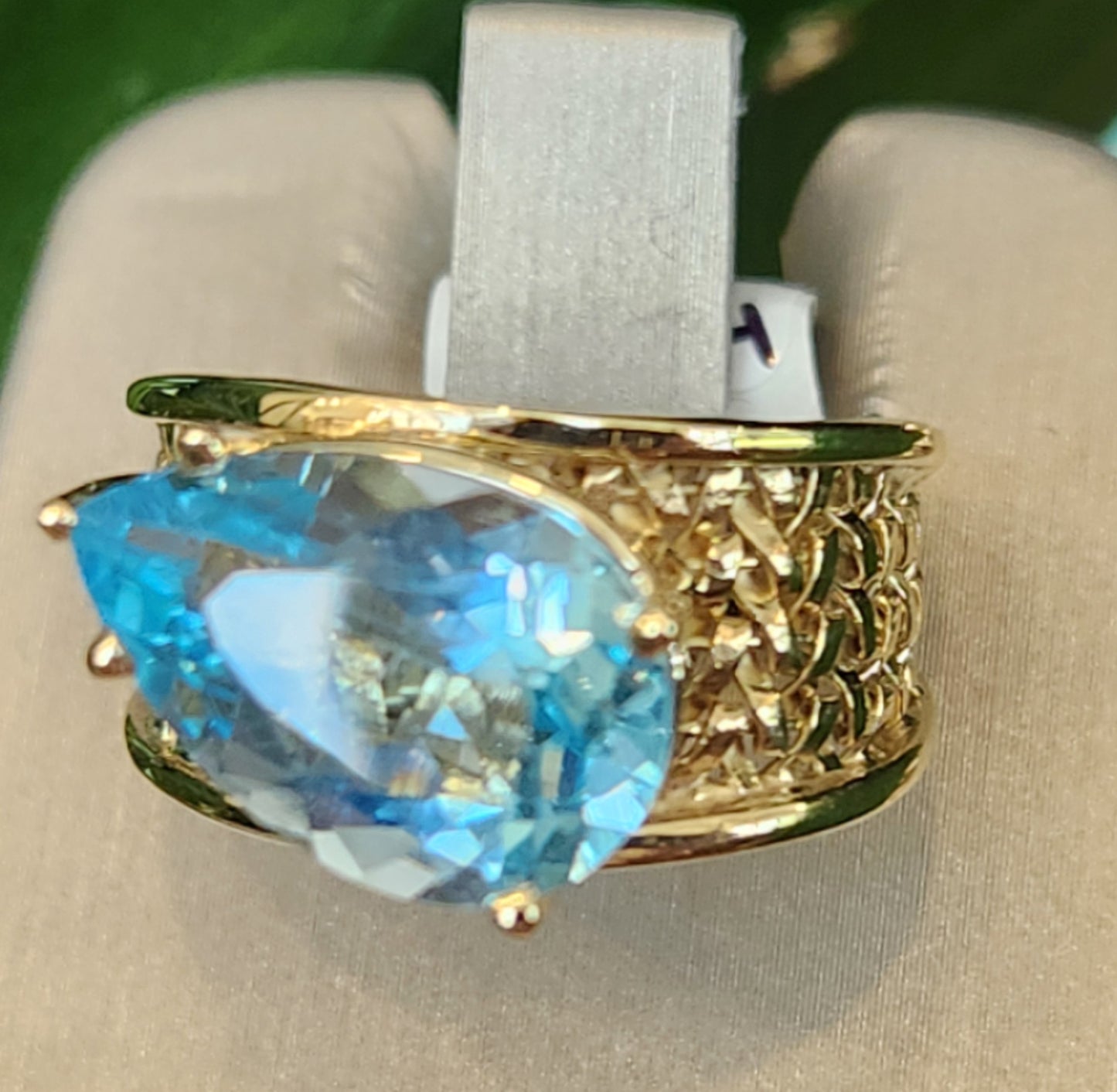Vintage 14 Karat Yellow Gold 12 Mm Basketweave Wide Band Blue Topaz Ring