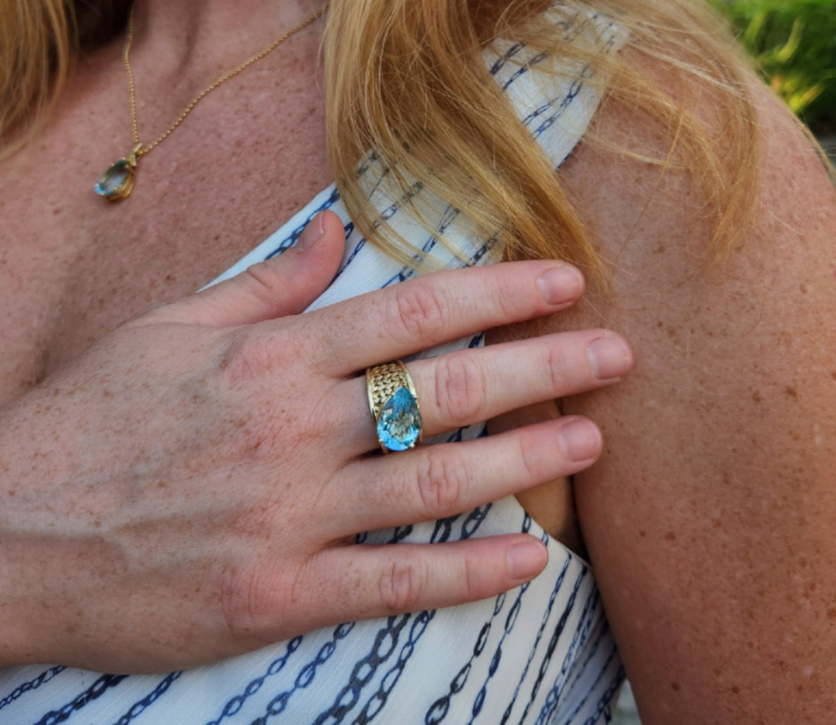 Vintage 14 Karat Yellow Gold 12 Mm Basketweave Wide Band Blue Topaz Ring