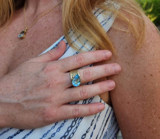 Vintage 14 Karat Yellow Gold 12 Mm Basketweave Wide Band Blue Topaz Ring
