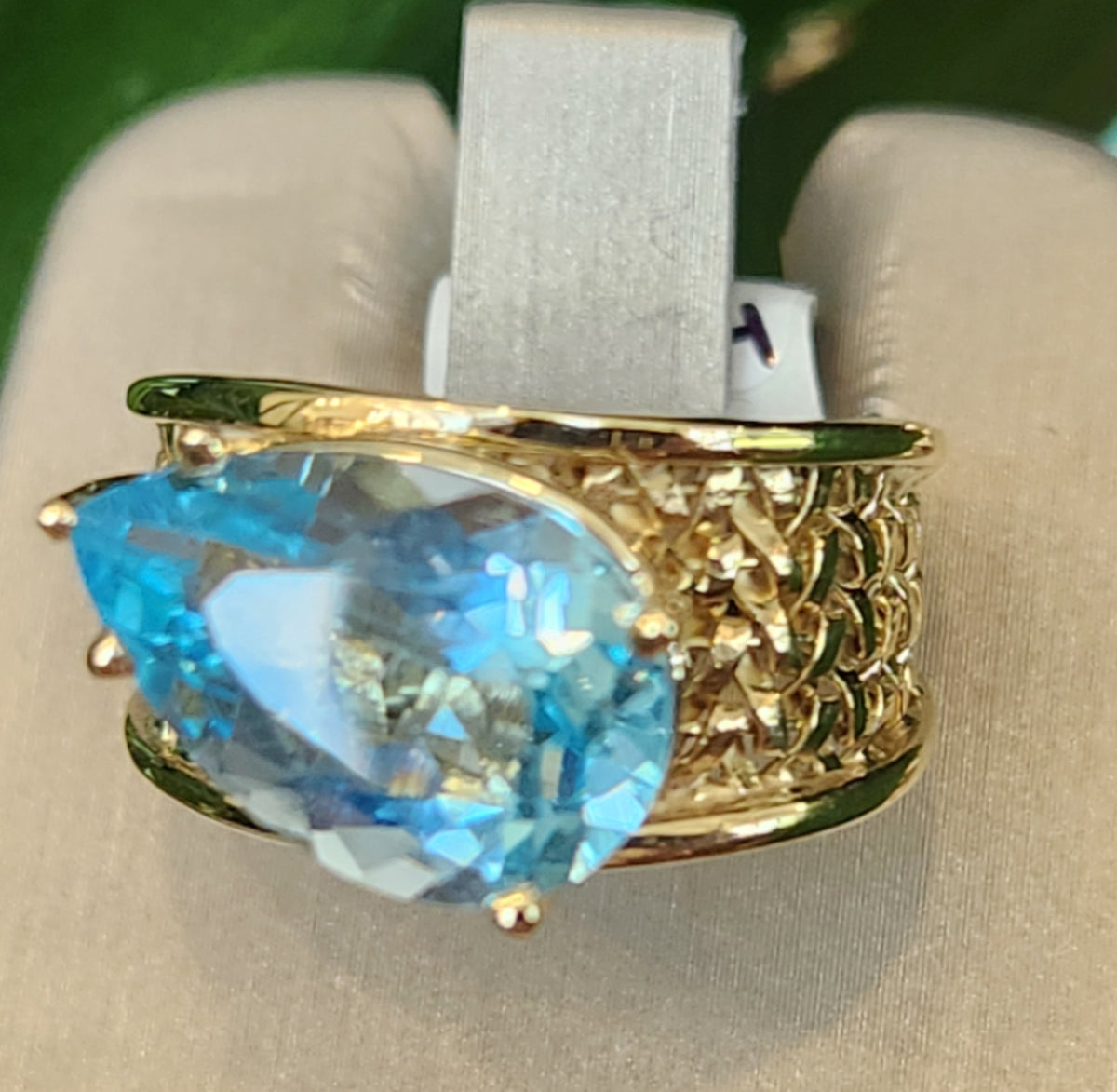 Vintage 14 Karat Yellow Gold 12 Mm Basketweave Wide Band Blue Topaz Ring