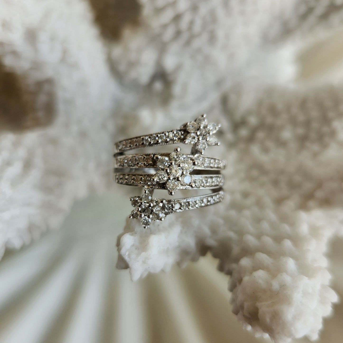 Vintage 10 Karat White Gold 3 Flower Cluster Multi Band Ring