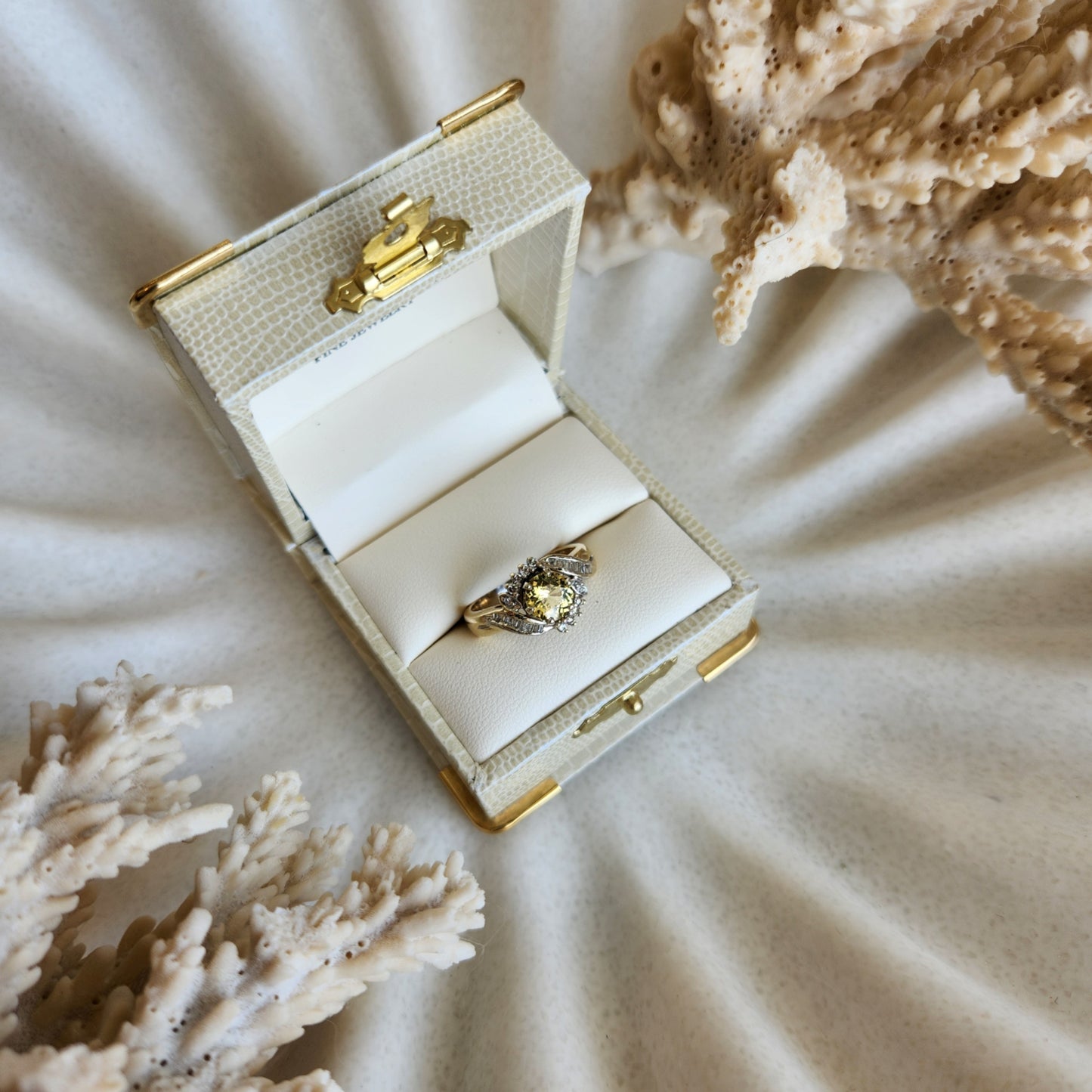 Vintage 14 Karat White Gold Unheated Yellow Sapphire & Diamond Ring